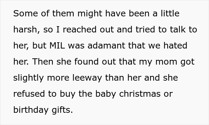 Text describing a family conflict with a mother-in-law lying and ruining family relationships over gift disputes. Text describing a family conflict with a mother-in-law lying and ruining family relationships over gift disputes.