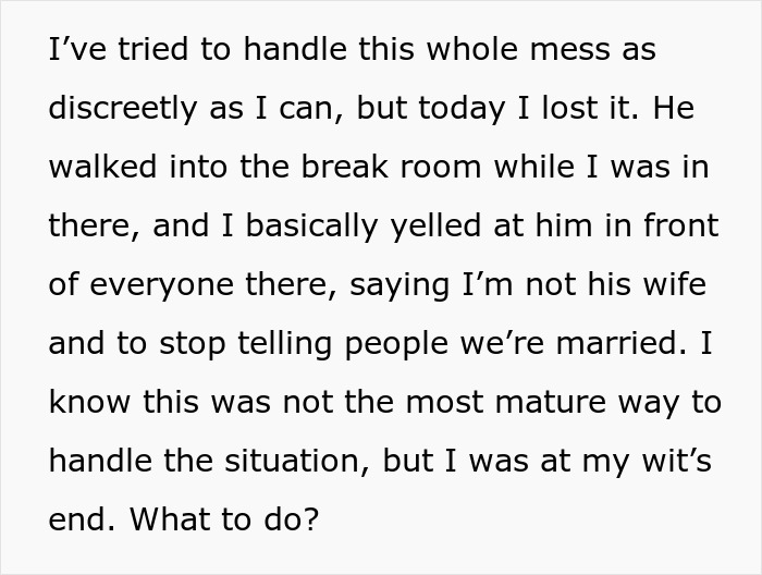 Married lady shocked as coworker claims they&rsquo;re hitched, causing confusion and conflict at the workplace.