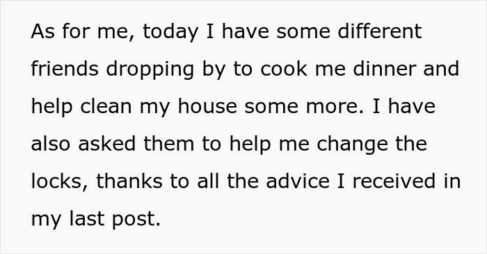 Text about a woman&rsquo;s friend helping with cooking and cleaning after surgery recovery in a messy house and car.