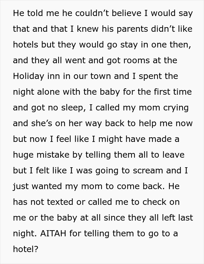 Text excerpt showing a new mom explaining kicking out husband and in-laws who weren’t helping with baby care or support. Text excerpt showing a new mom explaining kicking out husband and in-laws who weren’t helping with baby care or support.
