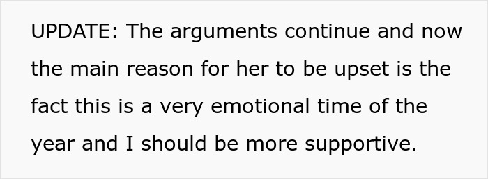 Text excerpt showing an update on ongoing arguments and emotional support during a difficult time.
