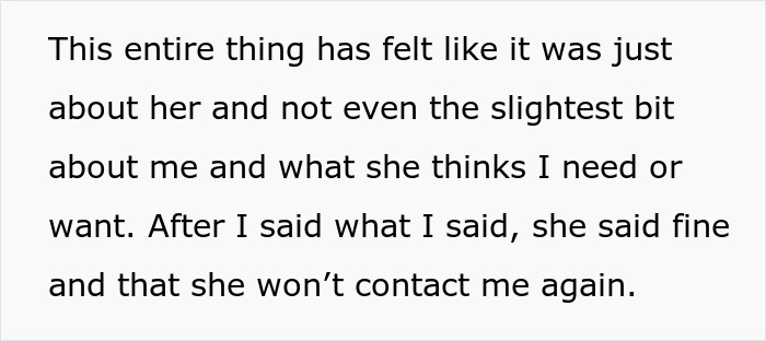 Text excerpt about a bio mom hurting and ending contact after feeling rejected in an unexpected relationship.