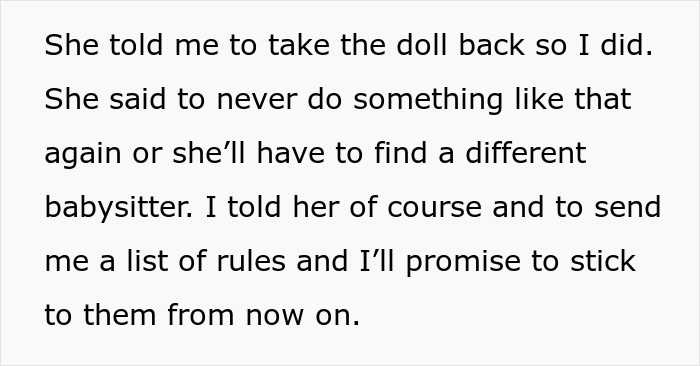 Text excerpt from a story about a babysitter giving a birthday gift causing the mother to become furious.