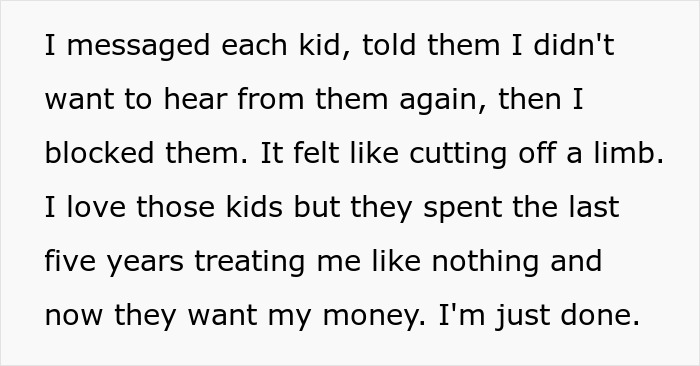 Text excerpt about step kids and mom feeling loss after cutting ties over money issues with step-kids. Text excerpt about step kids and mom feeling loss after cutting ties over money issues with step-kids.