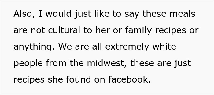 Text excerpt discussing meals not being cultural or family recipes, mentioning expired food in her pantry from 1999.