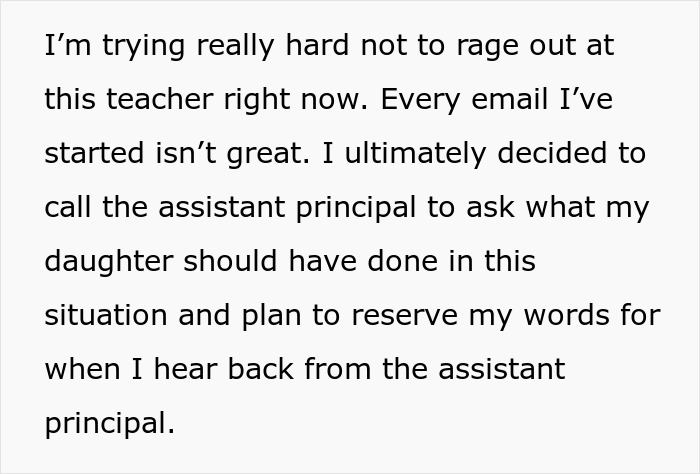 Text excerpt showing a mom struggling to stay calm after teacher ignores her daughter’s emergency, seeking help from assistant principal. Text excerpt showing a mom struggling to stay calm after teacher ignores her daughter’s emergency, seeking help from assistant principal.