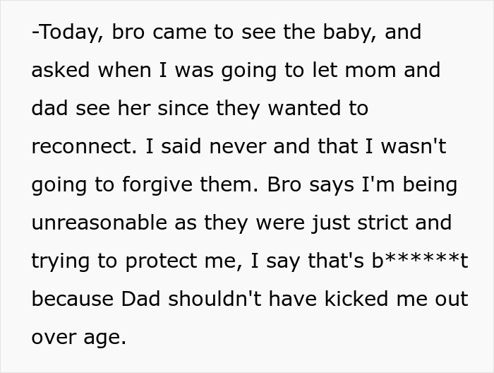 Text excerpt from a woman refusing to let her parents see her baby due to past family issues from 15 years ago.
