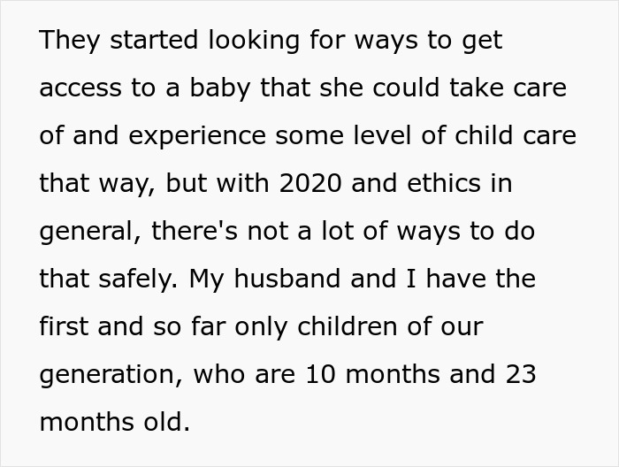 Text excerpt discussing challenges of borrowing a baby to experience motherhood amid ethics and safety concerns in 2020. Text excerpt discussing challenges of borrowing a baby to experience motherhood amid ethics and safety concerns in 2020.