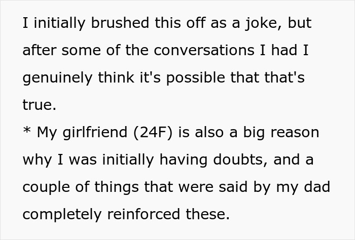 Text excerpt discussing family forgiveness and doubts, highlighting conversations about past actions and relationships.