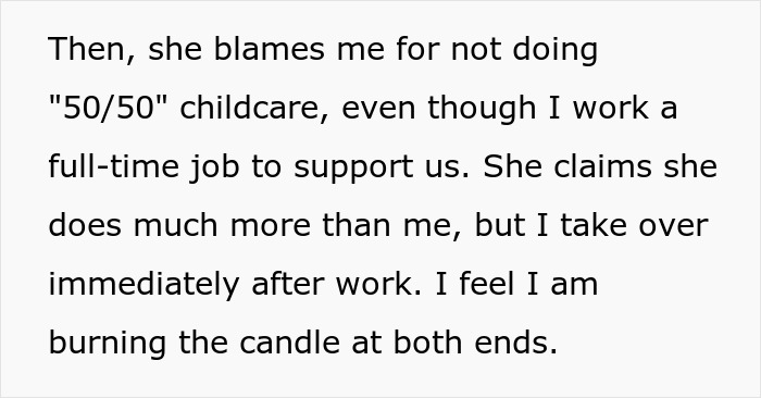 Screenshot of forum text about childcare and a man feeling like GF's ATM, exhausted and burned out after work. Screenshot of forum text about childcare and a man feeling like GF's ATM, exhausted and burned out after work.