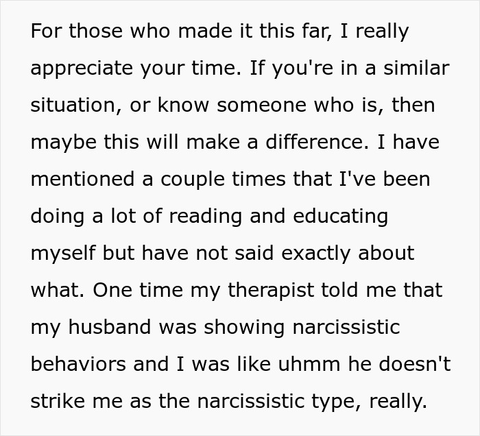Text excerpt discussing a wife deciding to live like her husband, highlighting narcissistic behaviors and relationship dynamics.