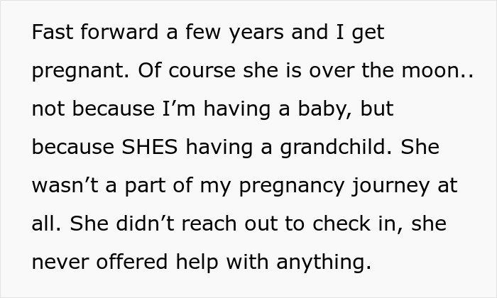 Text passage describing a strained relationship where an evil lady mistreats her daughter-in-law and goes no-contact after hospital incident.