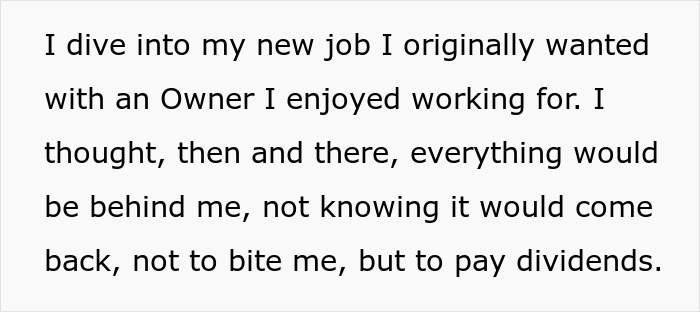 Text excerpt from a man reflecting on starting a new job after revenge on coworker who got him fired years prior.