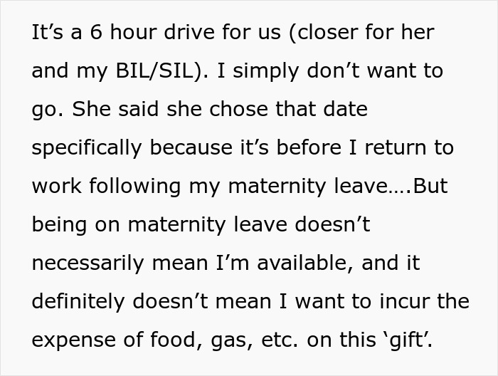 Text excerpt showing a daughter-in-law expressing frustration with overbearing MIL making plans during maternity leave. Text excerpt showing a daughter-in-law expressing frustration with overbearing MIL making plans during maternity leave.
