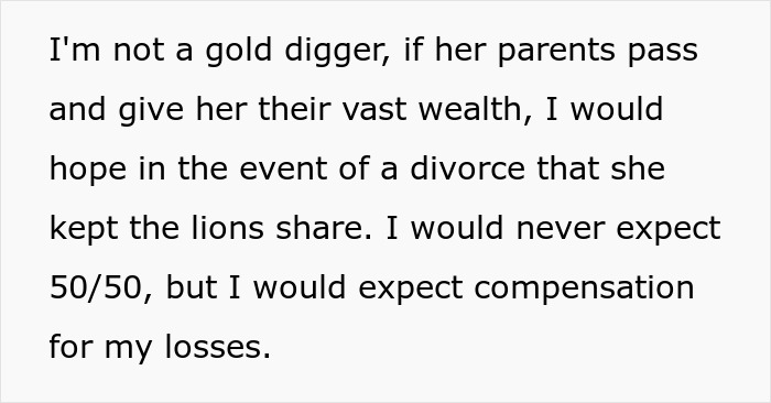 Text discussing expectations around a prenup agreement and compensation in case of divorce with wealthy girlfriend. Text discussing expectations around a prenup agreement and compensation in case of divorce with wealthy girlfriend.