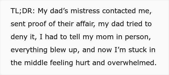 Text message describing a dad’s mistress texting his adult daughter with proof of months-long affair, causing family turmoil. Text message describing a dad’s mistress texting his adult daughter with proof of months-long affair, causing family turmoil.