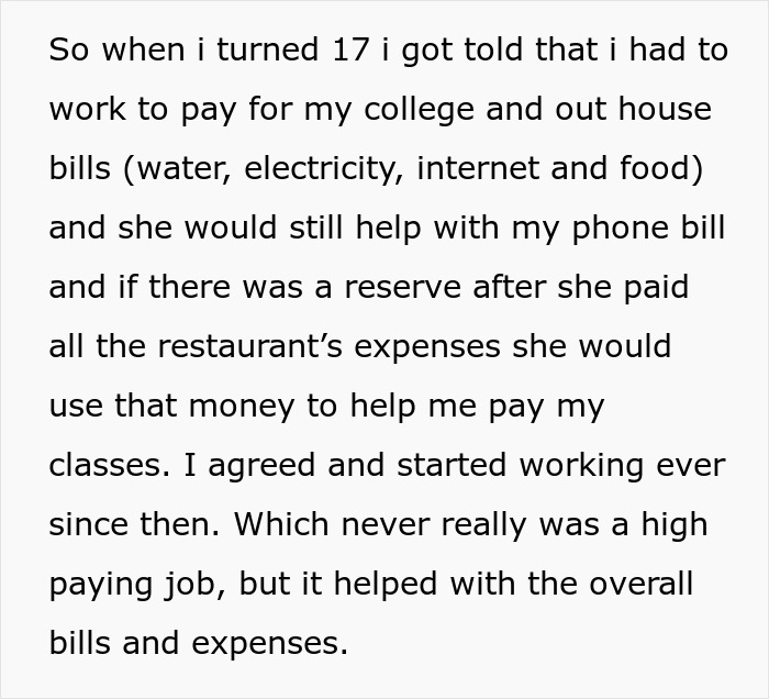 Text excerpt explaining a daughter working to pay college and bills while a mom manages restaurant expenses in shared financial hardship.