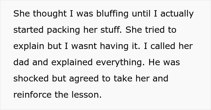 Text excerpt showing a mom packing her daughter's stuff and calling dad after daughter claims chores are pick me behavior.