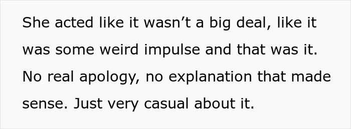 Text excerpt discussing a girlfriend acting casual and unapologetic after spitting in her boyfriend’s food. Text excerpt discussing a girlfriend acting casual and unapologetic after spitting in her boyfriend’s food.