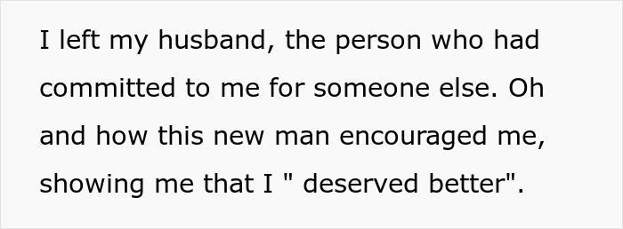 Text about a woman admitting defeat by karma after her affair partner leaves her following infidelity.