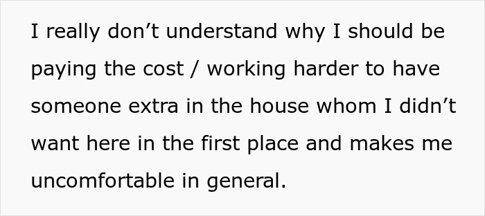 Text expressing frustration about paying and working harder due to an unwanted extra person causing mom-boyfriend-food-drama. Text expressing frustration about paying and working harder due to an unwanted extra person causing mom-boyfriend-food-drama.