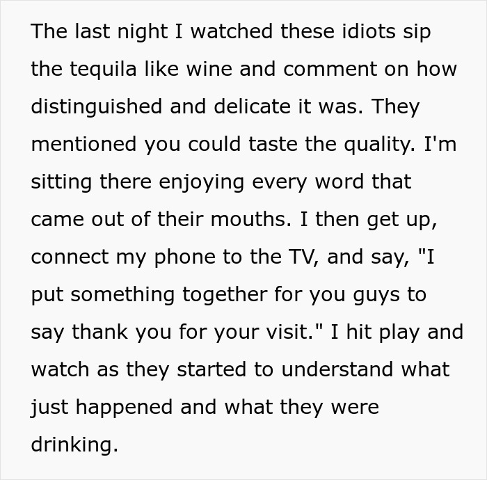 Text describing a woman proving husband&rsquo;s family is lying snobs with a simple switch during a tequila tasting.