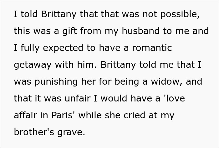 Text excerpt showing a woman discussing a romantic getaway with her husband and a friend’s demand involving the trip. Text excerpt showing a woman discussing a romantic getaway with her husband and a friend’s demand involving the trip.