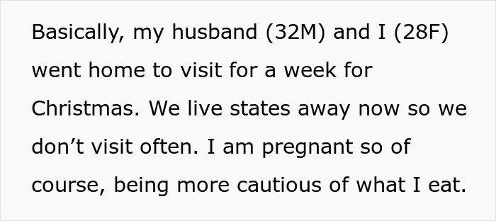 Text excerpt about a pregnant woman visiting her mother-in-law and being cautious of expired food in her pantry. Text excerpt about a pregnant woman visiting her mother-in-law and being cautious of expired food in her pantry.