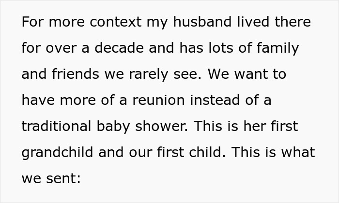Text explaining family reunion preference over traditional baby shower after MIL’s inappropriate baby shower idea was rejected.