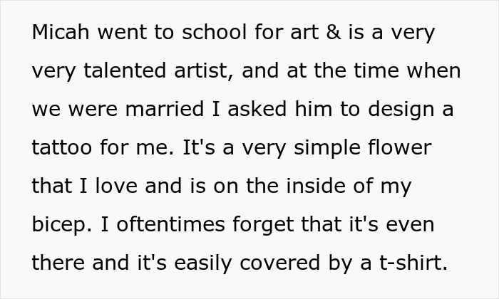 Text explaining a simple flower tattoo designed by an ex-fianc&eacute;e artist, causing wedding doubts and postponement.