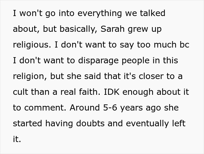 Text excerpt describing a fiancée’s religious background uncovered through a simple Venmo search unraveling her fabricated past. Text excerpt describing a fiancée’s religious background uncovered through a simple Venmo search unraveling her fabricated past.