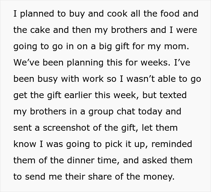 Alt text: Sisters and brothers plan mom’s birthday gift with brothers not pitching in, leading to an irate sister taking mom to dinner. Alt text: Sisters and brothers plan mom’s birthday gift with brothers not pitching in, leading to an irate sister taking mom to dinner.