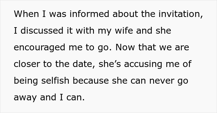 Text excerpt about dad leaving for work 48 hours while wife handles 3 kids, highlighting solo vacation reaction and family dynamics.