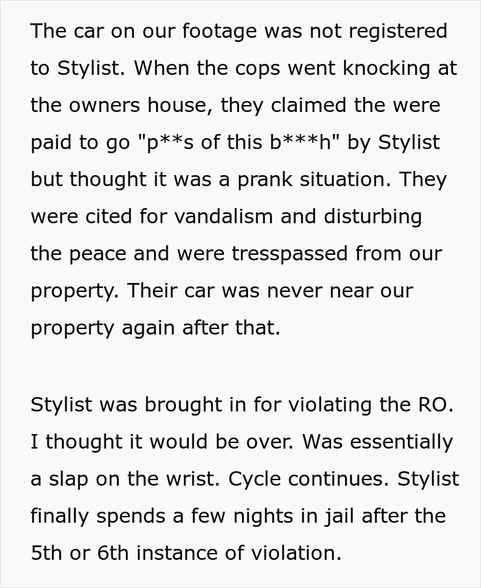 Text excerpt describing a woman&rsquo;s story about her hair stylist&rsquo;s legal troubles and a strange shrine related to her hair.