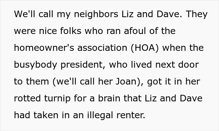 Text passage describing an HOA president harassing neighbors over an illegal renter dispute in a residential community.