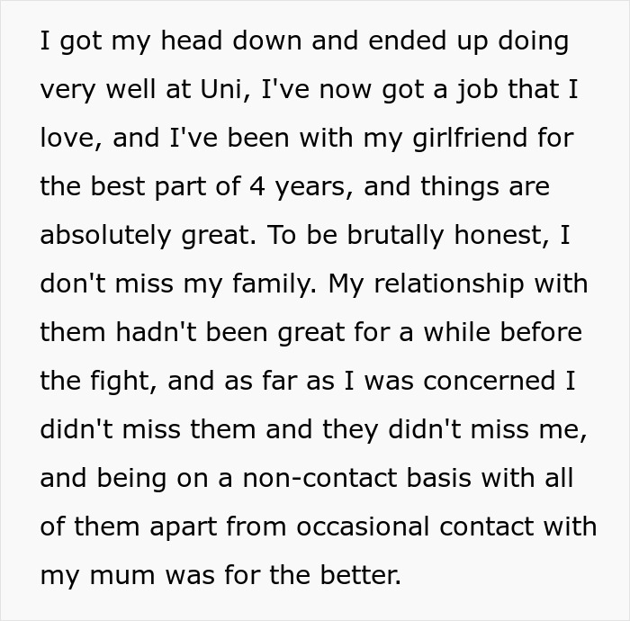 Text excerpt discussing family relationships and forgiveness after a violent incident five years ago.