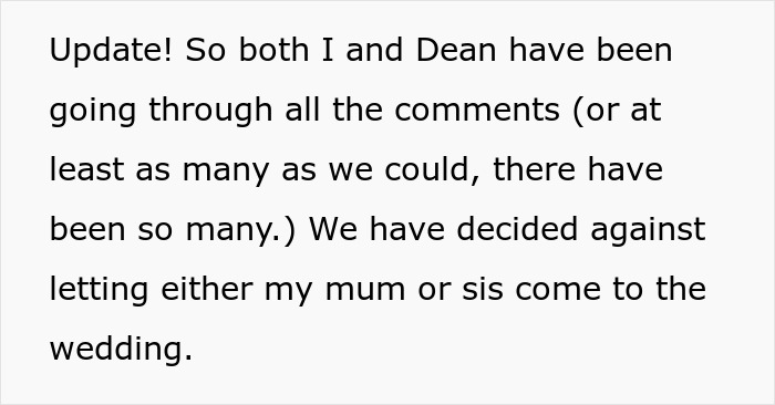 Text update about bride-to-be deciding against including sister’s kids and mom at wedding due to unruly behavior. Text update about bride-to-be deciding against including sister’s kids and mom at wedding due to unruly behavior.