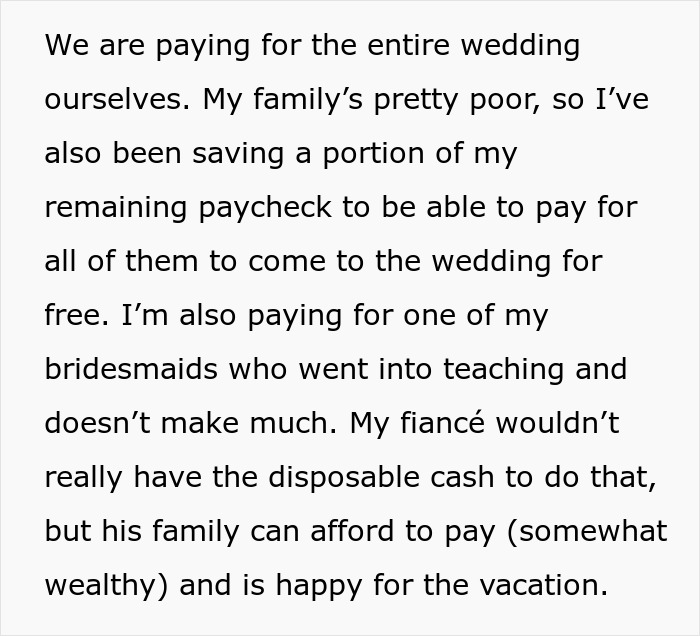 Text about fianc&eacute; paying for wedding expenses and helping with money for friends and family attending.