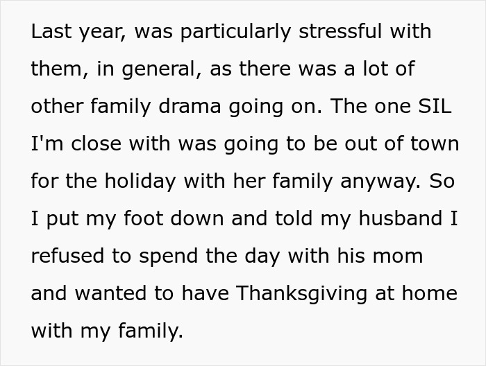 Text excerpt describing a woman refusing to attend her mother-in-law&rsquo;s Thanksgiving after reinvitations due to guests flaking.