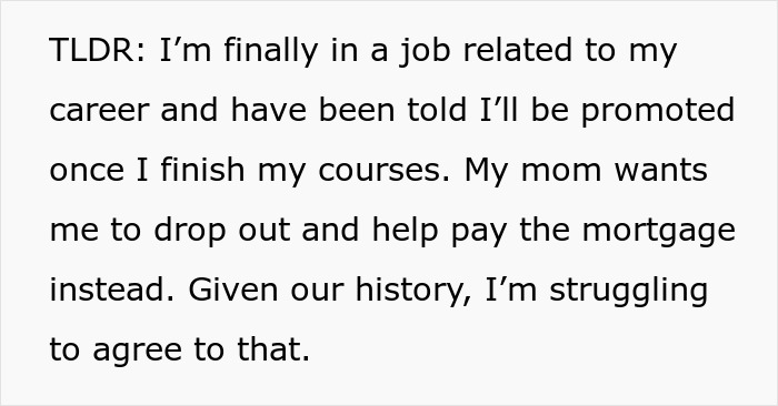 Text excerpt about a woman demanding her child drop out of college to pay bills, highlighting family financial conflict.