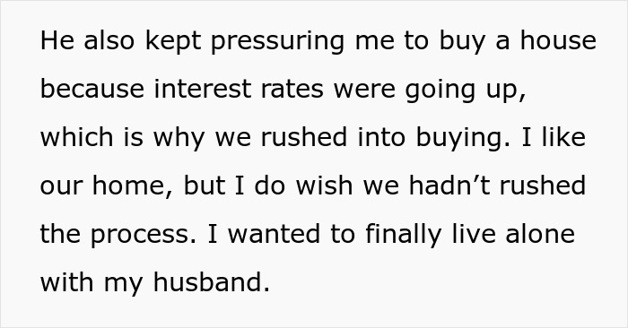 Text about wife done with husband&rsquo;s relatives living with them, wanting to live alone without his mommy in the house.