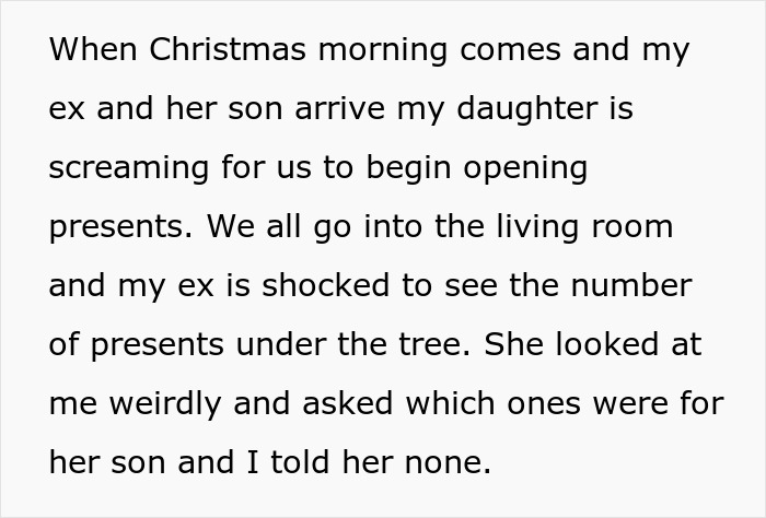 Christmas morning with daughter excited to open many presents while half-brother receives only one gift, dad feels no guilt. Christmas morning with daughter excited to open many presents while half-brother receives only one gift, dad feels no guilt.