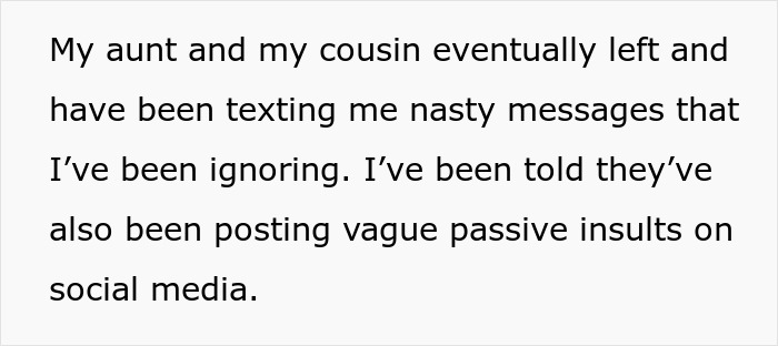 Text message about aunt-camera-family-parole involving nasty texts and vague passive insults on social media.
