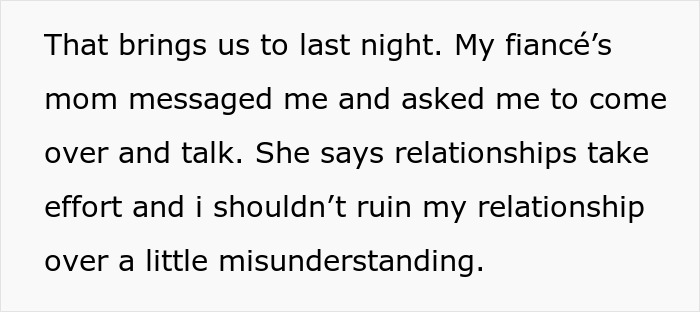 Text excerpt showing a message about relationship effort after assuming fianc&eacute;e is pregnant, causing shock and humiliation.