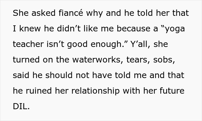 Text describing a woman upset over being told a yoga teacher isn’t good enough, highlighting hidden finances and family conflict. Text describing a woman upset over being told a yoga teacher isn’t good enough, highlighting hidden finances and family conflict.