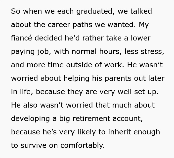 Text discussing a fiancé choosing a lower paying job for less stress and more time, focusing on money and wedding plans. Text discussing a fiancé choosing a lower paying job for less stress and more time, focusing on money and wedding plans.