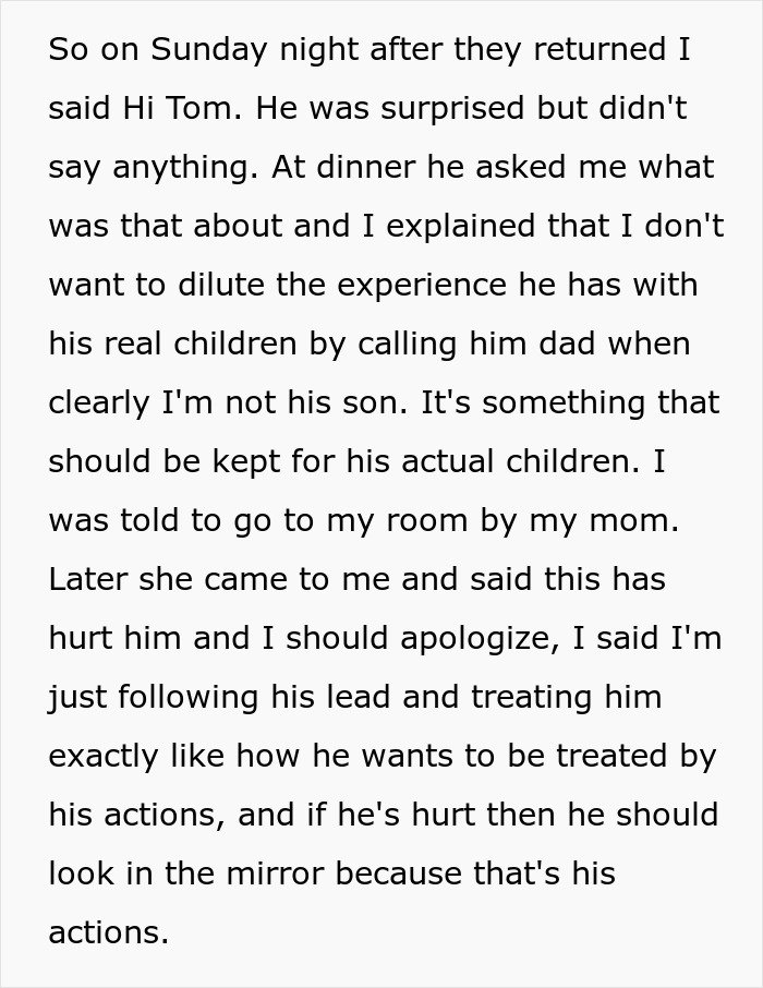 Teen calls out stepdad for ignoring him, mom insists he’s mostly dad and urges to let the issue go peacefully. Teen calls out stepdad for ignoring him, mom insists he’s mostly dad and urges to let the issue go peacefully.