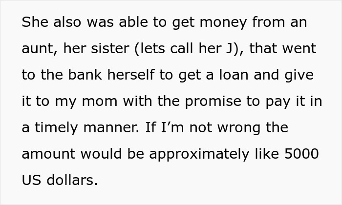 Text about mom in $37K debt getting a loan from sister to help, while daughter refuses to sell inherited home.