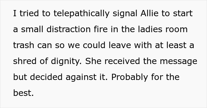 Text excerpt from a snarky letter humorously describing a failed distraction attempt at a restaurant.
