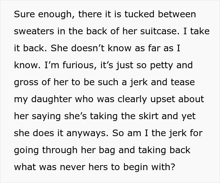 Text excerpt about woman stealing niece’s skirt, showing frustration and conflict over the skirt theft and lying. Text excerpt about woman stealing niece’s skirt, showing frustration and conflict over the skirt theft and lying.